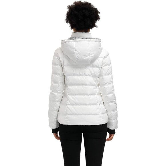 π Women White Down Puffer Jacket Warm Winter Faux-Fur Collar Hood Coat Comfort - Picture 3 of 7